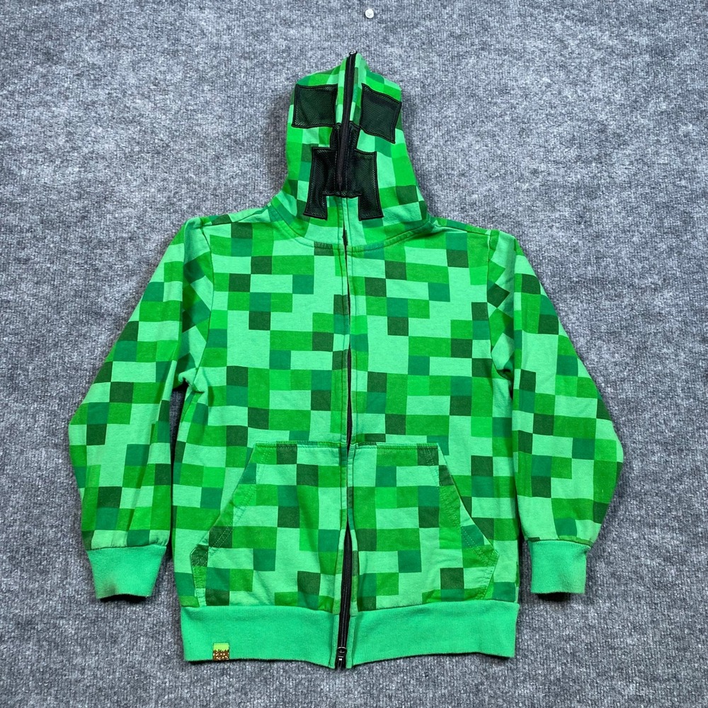 Minecraft Creeper Full Zip Mask Hoodie Kids Medium Green Pixelated Mad Engine
